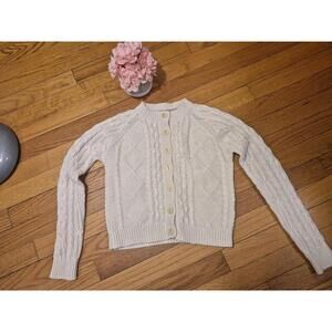 Ll Bean Childrens Cotton Blend Cable Knit Fisherman Button Down Sweater Sz 8